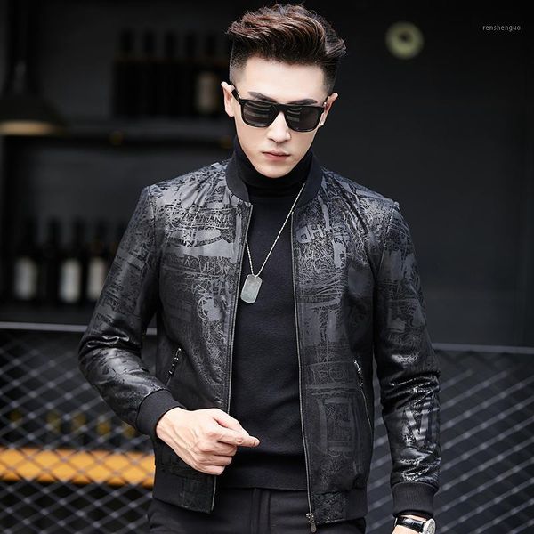 

2019 genuine leather jacket men real sheepskin coat baseball collar mens motorcycle bomber jacket jaqueta couro lwb1802 yy4121, Black
