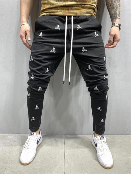 

2020 autumn thin mens latest fashion sports trend slim jogging pants embroidery craft hip hop style foot pants, Black