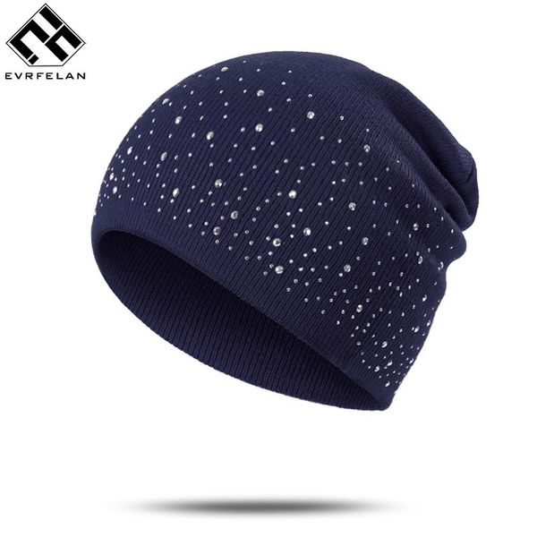 

fashion autumn winter knitted hat female beanies hat women's rhinestone bonnet cotton blends casual solid skullies beanies