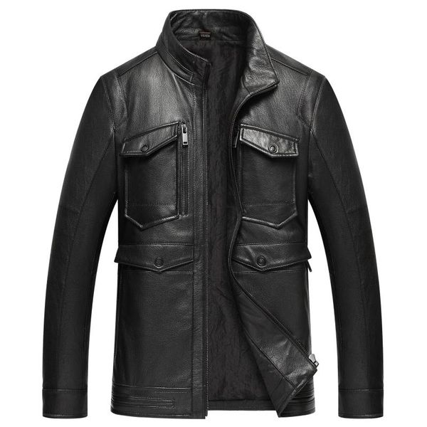 

men's leather & faux stand collar slim fit korean handsome haining youth jacket, Black