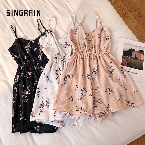 

singrain sleeveless floral women jumpsuits summer beach wide leg overalls fashion korean playsuits bohemian print strap rompers y200422, Black;white