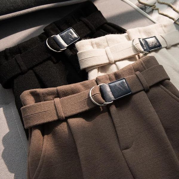 

2020 new autumn winter women loose casual wool pants female warm thick high waist straight solid streetwear trousers q22, Black;white