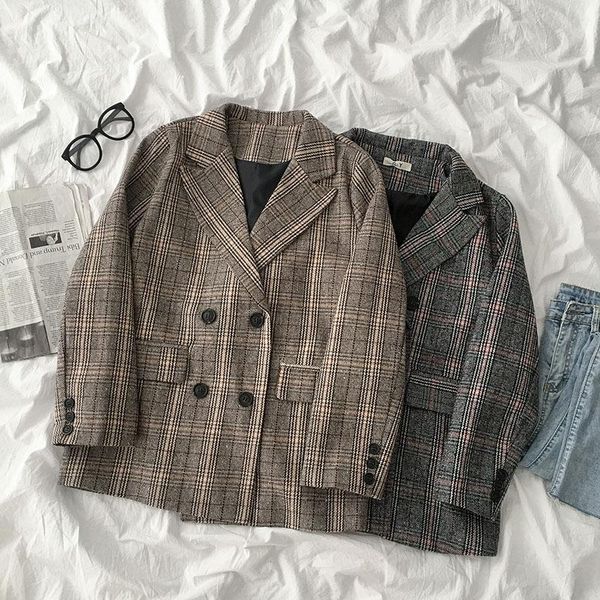 

women's suits & blazers autumn double-breasted suit jacket office ladies vintage plaid blazer coat 2021 loose female all match casual c, White;black
