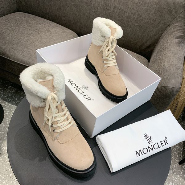 

designer womens boots luxury apricot suede round head lace-up with fluff low heel with box size 35-41, Black