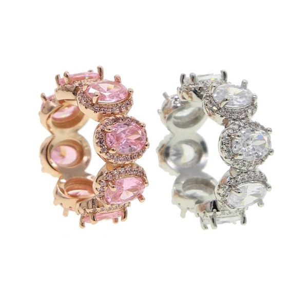 

cluster rings 2021 iced out rose pink cz eternity band ring luxury jewelry silver color 5a stone promise party hiphop bling man women, Golden;silver
