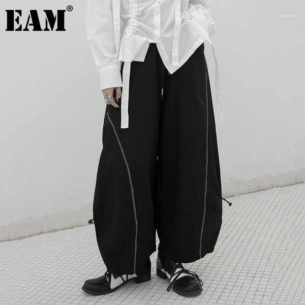 

eam] woman high elastic waist black drawstring long wide leg bloomers pants new fit fashion tide spring autumn 20201da7611, Black;white