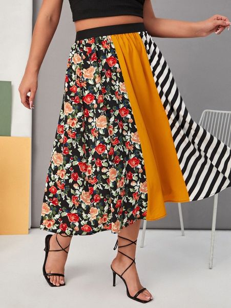 

plus floral and striped colorblock flared skirt w69s#, Black