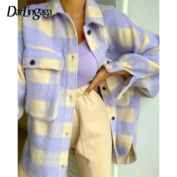 

women's wool & blends darlingaga fashion vintage plaid long woolen coat pockets buttons autumn winter woman jacket korean overcoat chec, Black