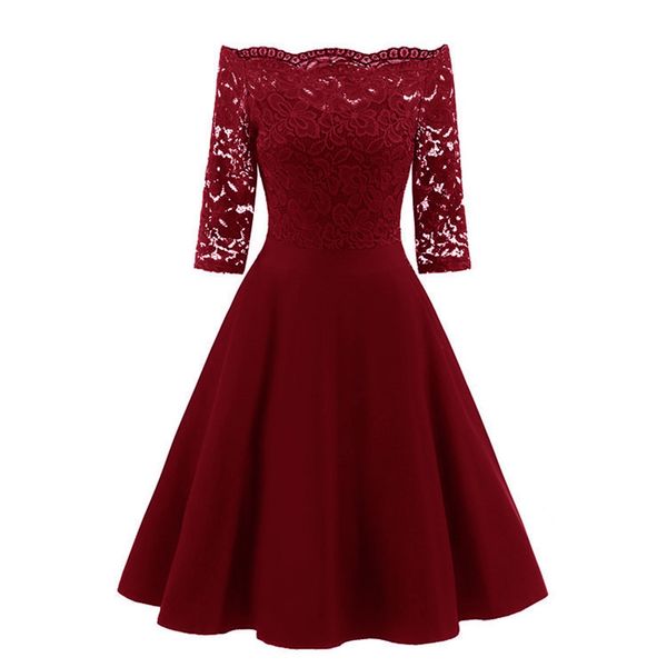 

2019 casual solid mid sleeve lace swing off shoulder dress, Black;gray