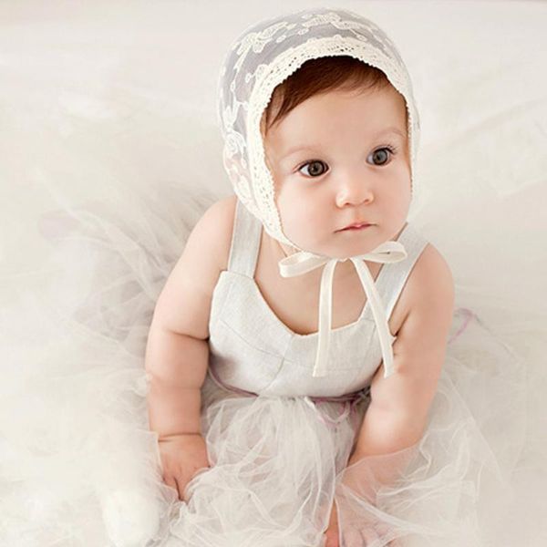 

lace flower baby bonnet newborn beanie hats spring summer lovely princess hat caps cotton lace floral kids baby girls caps white, Slivery;white