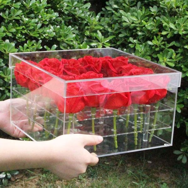 

luxury handmade 25 holes clear plastic gift acrylic rose flower box with lid valentine day flower gift box1
