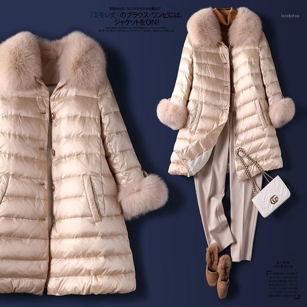 

women's down & parkas luxury big fur collar jacket women's long 2021 fashion single breasted 90% white duck women coats and jacket, Black