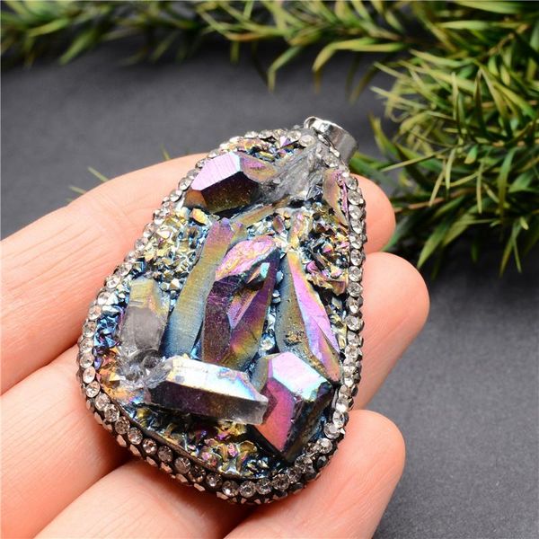 

pendant necklaces natural stone crystal quartz men women trendy irregular rhinestone druzy long leather rope charm jewelry gift, Silver