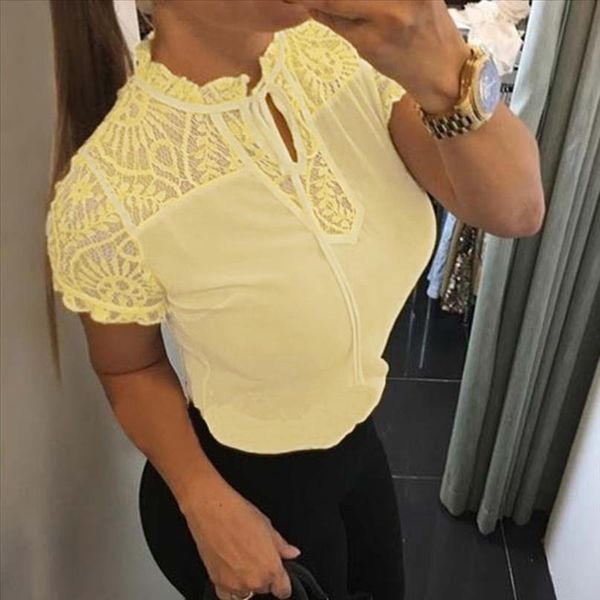 

womens blouse solid short sleeve sheer mesh lace blouse chemise femme ladies womens shirts bluzki damskie, White