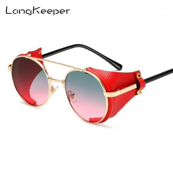 

longkeeper fashion vintage steampunk sunglasses men women leather side shield brand design metal round driving goggles uv4001, White;black