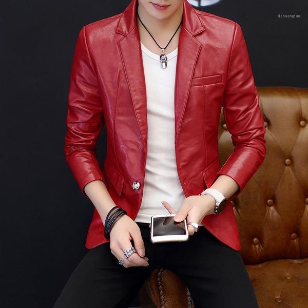 

spring 2019 men's leather suit personality trend handsome young british cultivate one's morality suit1, White;black