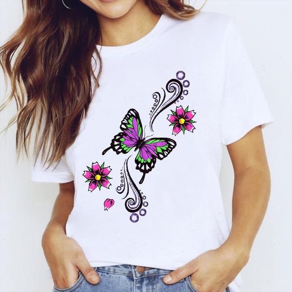 

t shirts for women butterfly lovely trend flower floral 90s clothing print lady graphic t shirt ladies female tee shirt, White