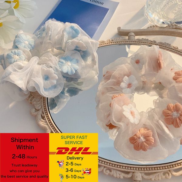 

sweet embroidery flowers mesh scrunchies women romantic pink blue hair rope transparent tulle organza hair ties hair accessories dhl free