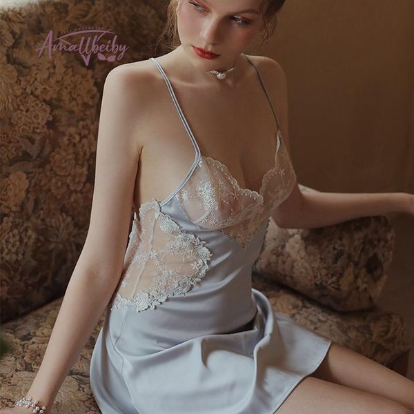 

women's sleepwear backless lace strap night dress luxury nightdress soft silk perspective deep v suspenders dressing gowns sets, Black;red