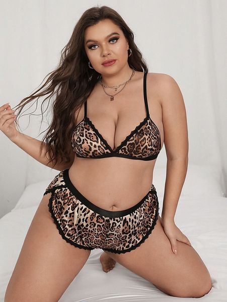 

plus leopard print lace trim dolphin hem lingerie set a5mw#, Black;white