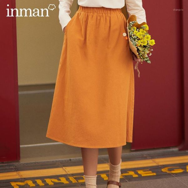 

inman 2020 autumn winter new arrival skirt high waist pure cotton embroidered elastic waist solid color temperament skirt1, Black