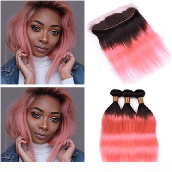 

ombre rose gold straight malaysian human hair weave bundles with frontal #1b pink ombre straight 3bundles with 13x4 lace frontal closure, Black;brown