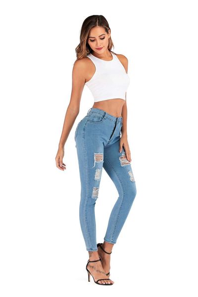 

women's wear out jeans with tight grip pattern in 2019, Blue