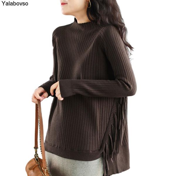 

2020 winter new long sleeve pullover core spun loose large sweater shows thin soft women with tassel coffee blue black, White;black