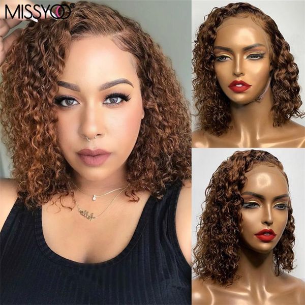 

brown curly lace front human hair wigs short bob curly wig with baby hair for women 4x4 closure wig brazilian remy lace, Black;brown