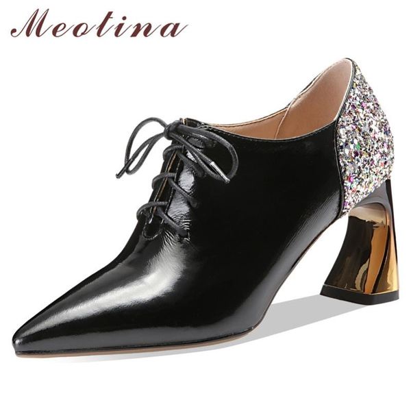 

dress shoes meotina high heels women natural genuine leather super heel real glitter pointed toe pumps female 33-44, Black