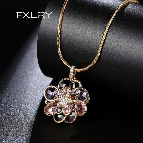 

fxlry luxurious champagne gold-color multicolor micro-inlay cubic zircon big flower pendant necklace for women wedding jewelry, Silver