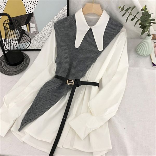 

2021 new shirt, pleated skirt, waist waist, thinner, belt + knitted irregular waistcoat, two-piece suit 27im, White