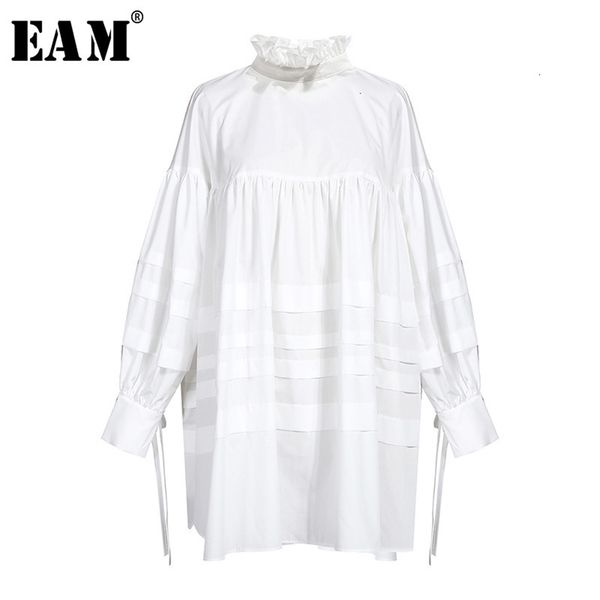

[eam] women ruffles split joint big size blouse new stand collar long sleeve loose fit shirt fashion spring autumn lj200812, White