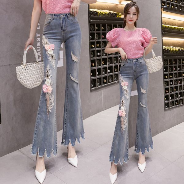 

high waist flare jeans women summer autumn 3d flower embroidery long pants pearls ripped hole flare pants elastic mom jeans y1214, Blue
