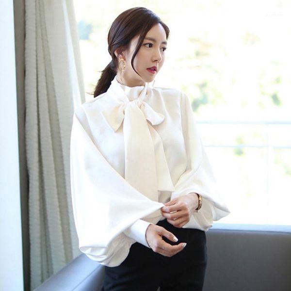 

solid lantern sleeve chiffon blouse shirt women spring lace up stand neck loose elegant office shirt runway plus size a5271, White