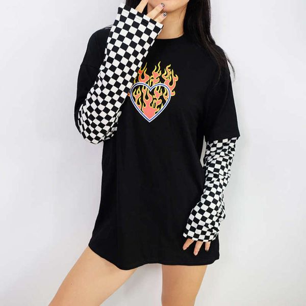 

stitching autumn wind cross flame trade chessboard long sleeve t-shirt for women, Black;gray