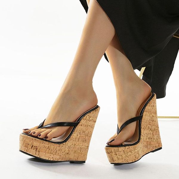 

summer women slippers flip flops design platform wedges slippers casual high heels 16cm female sandals shoes slip on mules slide, Black