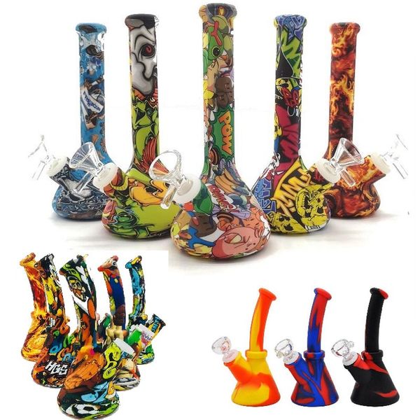 DHL Camouflage colorido Silicone Bong water Pipe Mini Silicone Beaker Bong Cartoon Printing Water Smoking Pipes with Silicone Downstem 1