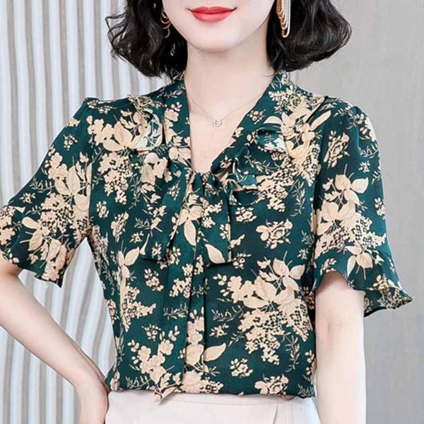

blouse women blusas mujer de moda 2021 bow v-neck print chiffon blouse shirt women short sleeve shirts blusas d237, White