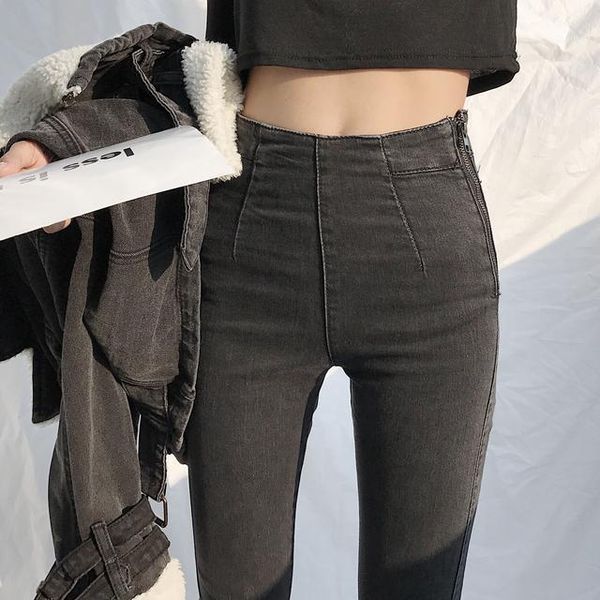 

2020 versatile student's cropped pants with high waist and thin curled edge jeans and slim leggings1, Blue