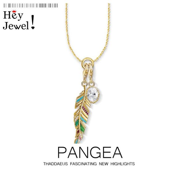

chains charm necklace golden feather & oval cz,2021 spring brand fashion jewelry europe 925 sterling silver bijoux gift for women