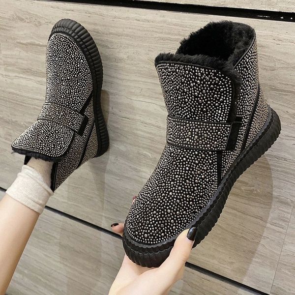 

rimocy shiny crystal flat ankle boots for women winter warm short plush snow boots woman soft low heel platform botas mujer 2020 #fq7n, Black