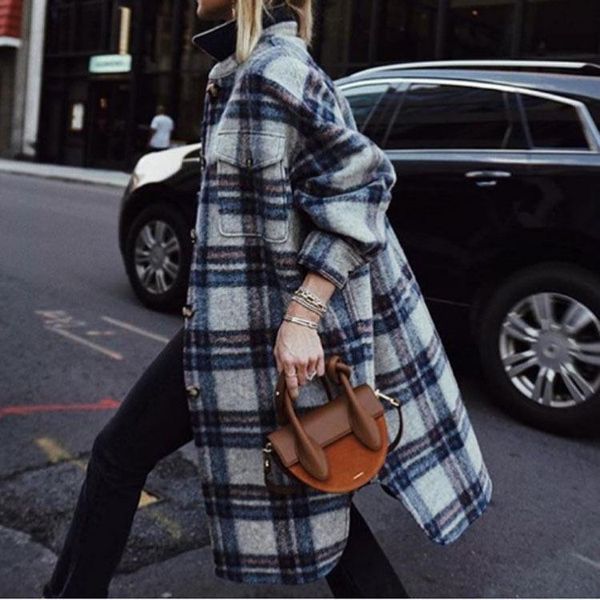 

autumn winter clothing women's fashion sanded woolen plaid long coat blends trench jacket women gray flccking streetwear parkas, Black