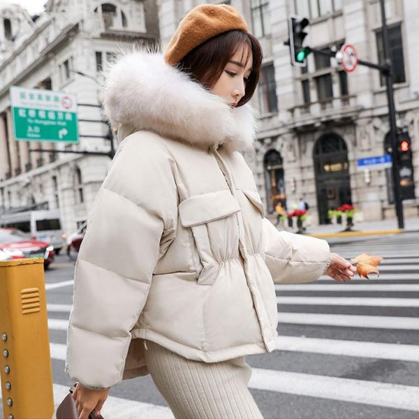 

ailegogo new winter warm 90% white duck down parka women large natural fur collar hooded short jacket coat loose outwear, Black
