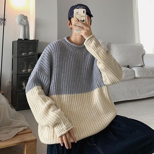 

korean sweater men's warm fashion hit color casual knitted pullover men loose autumn winter knitting sweaters mens clothes -2xl1, White;black