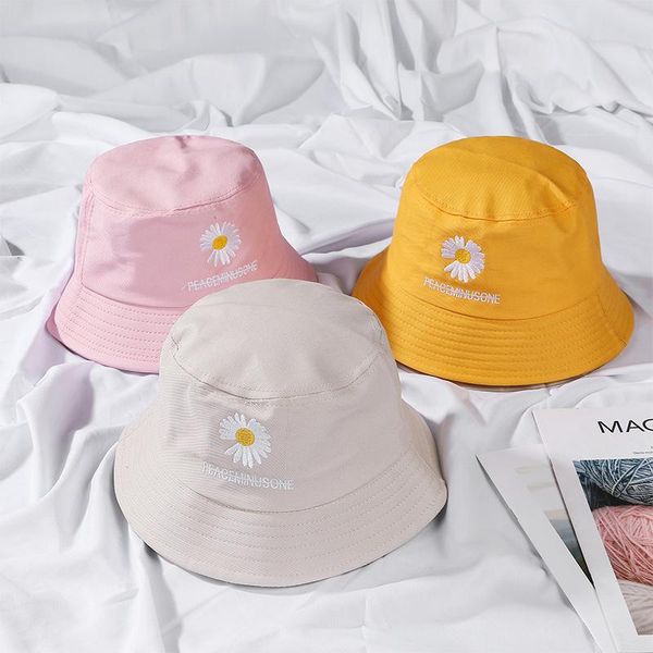 

wide brim hats double-side harajuku bucket hat fishing outdoor cap women sunscreen daisy embroidery fisherman, Blue;gray