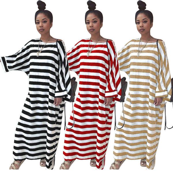 

women's casual stripe crew neck pocket oversized loose dress, Black;gray