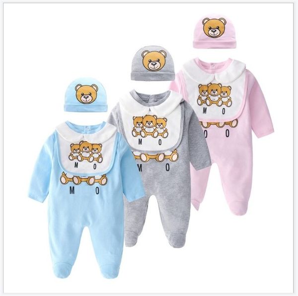 

2021 new 3pcs sets for baby rompers toddler long sleeve jumpsuits newborn cartoon bear onesies infant cotton romper+bib+hats baby clothing, Blue
