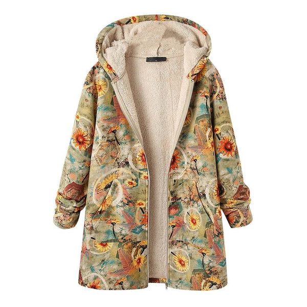 

women's wool & blends women fashion cotton coat hooded retro floral printing splicing hoodie long sleeves zipper coats winter warm big, Black