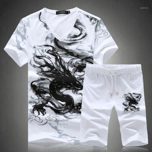 

ink dragon pattern printing luxury short sleeve t shirt and shorts sets summer new high-quality cotton fashion men's suits -5xl1, Gray